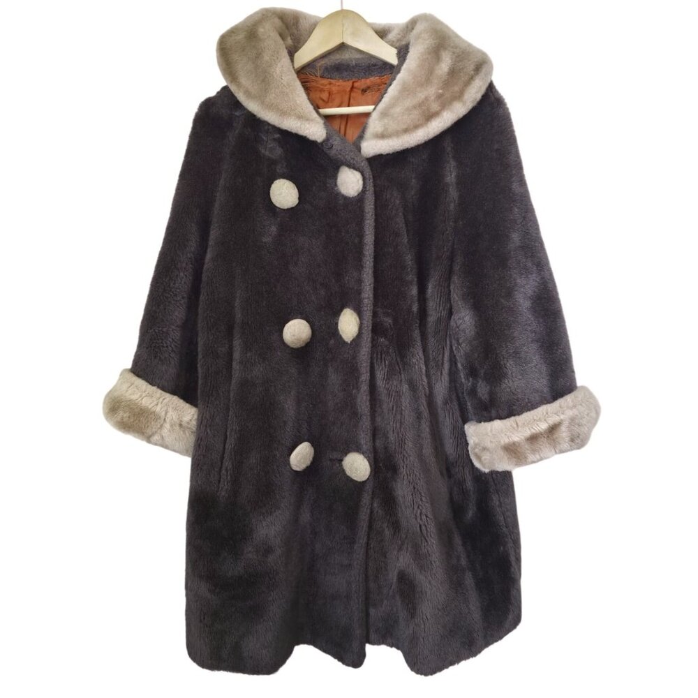 Vintage Brown Faux Fur Mid Length Coat w/ Button Front Closure - Union Made Sz 1